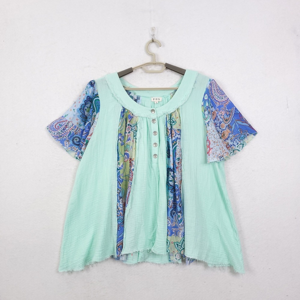 POL Top Blouse Large Mint Green Gauze Patchwork Paisley Boho Oversized